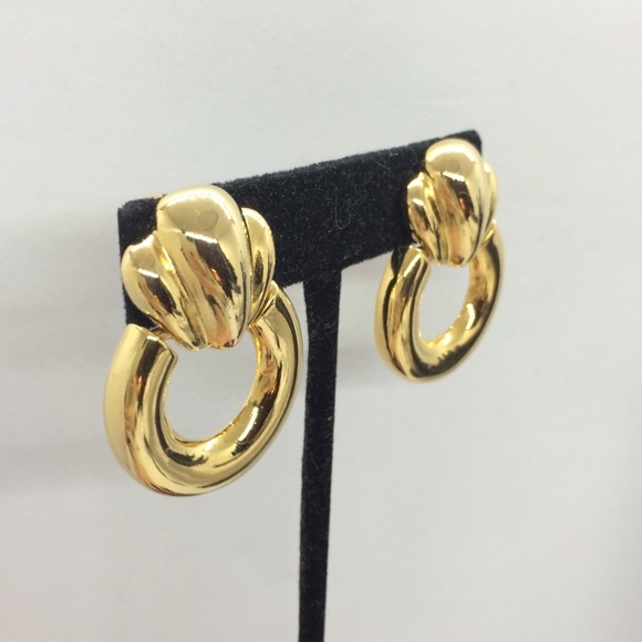 VINTAGE 80S DOOR KNOCKER CLIP ON HOOP EARRINGS GOLD TONE RUNWAY - Picture 3 of 12